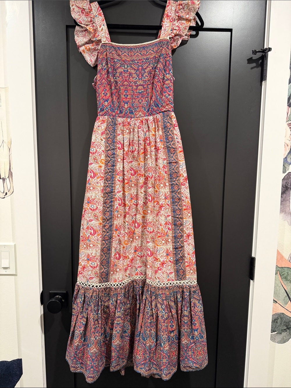 Haute Hippie Pink, Blue & Cream Paisley Maxi Dress with Ruffle Straps